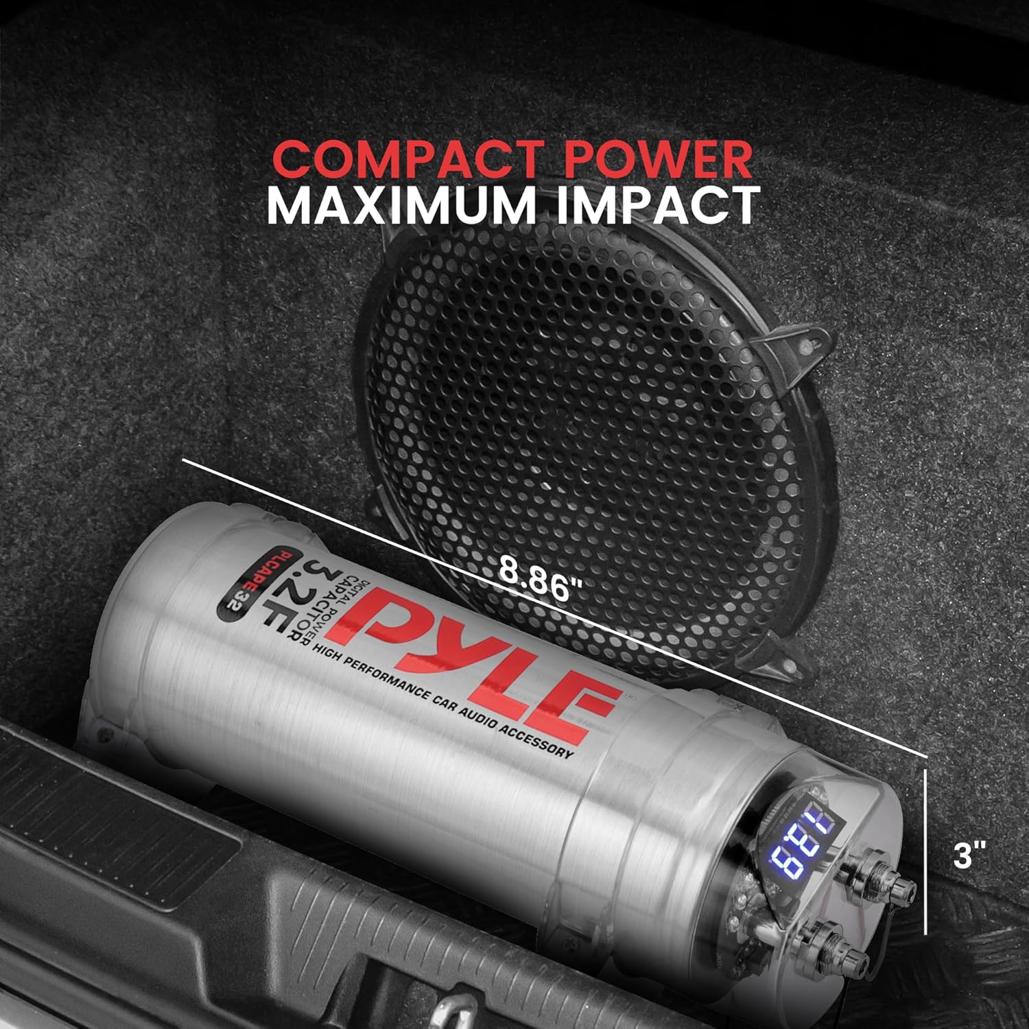 Pyle 3.2 Farad Digital Power Capacitor - High-Performance Car Audio, LED Display, Electronic Polarity Protection, Over Voltage Protection, Mounting Hardware and Post Kits, 2.9"x9.7"