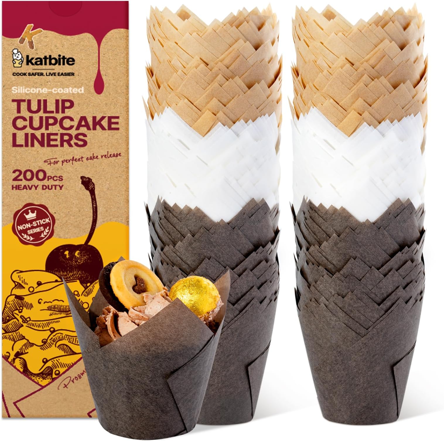 Tulip Cupcake Cases 200pcs Muffin Liners Disposable Baking Cups for Christmas Party Birthday Greaseproof Muffin Cup in White, Light Brown, Dark Brown