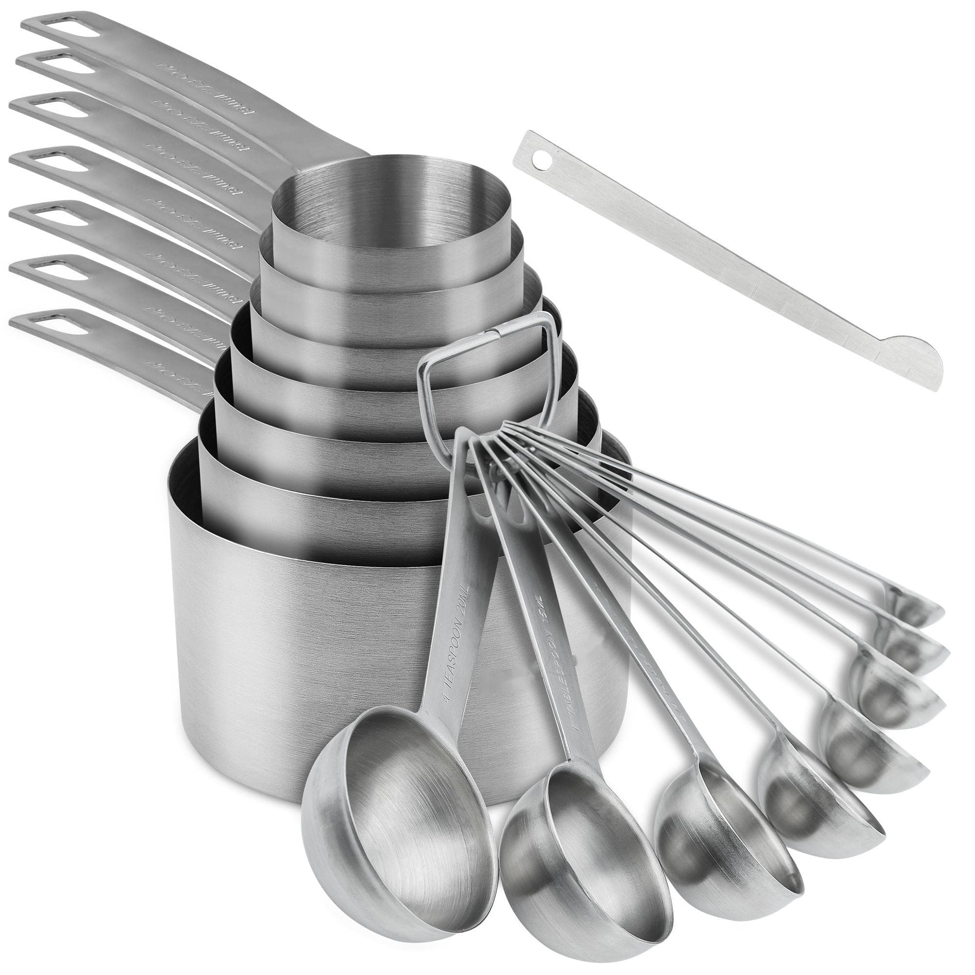 Messbecher und Löffel Set, 18/8 Edelstahl 7 Messbecher und 8 Messlöffel mit Nivellierer, Küchenmessbecher Löffel, Schwerlast Backen Messbecher Löffel, 16 Stück