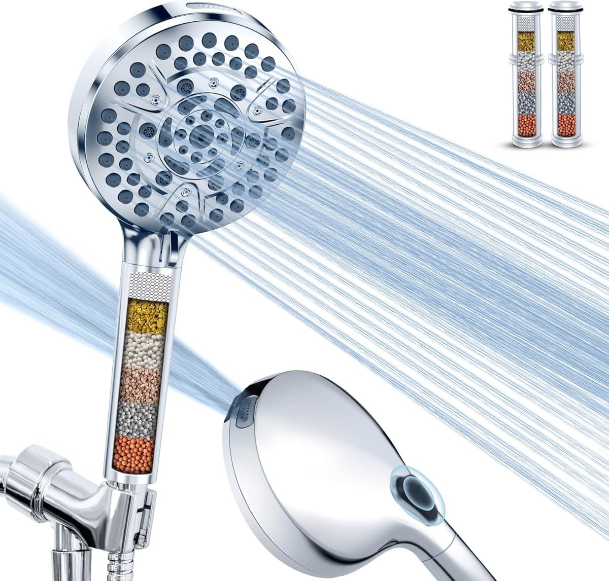 High Pressure 10-Mode Handheld Shower Head - Built in Power Wash for Clean, Replaceable Filter Soften Hard Water Remove Chlorine, 60 Inches Hose, Overhead Bracket, Anti-Clog Nozzle (Chrome)
