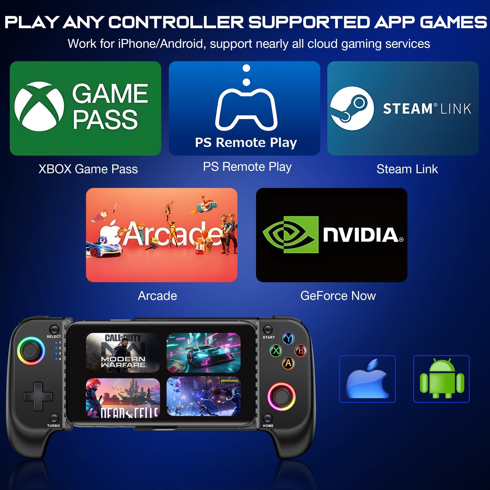 KICKDOT Controller wireless per iPhone/Android con joystick Hall, controller di gioco mobile per iOS Supporto Xbox Game Pass, PlayStation, Steam Link, Call of Duty, Roblox, Cloud Gamepad