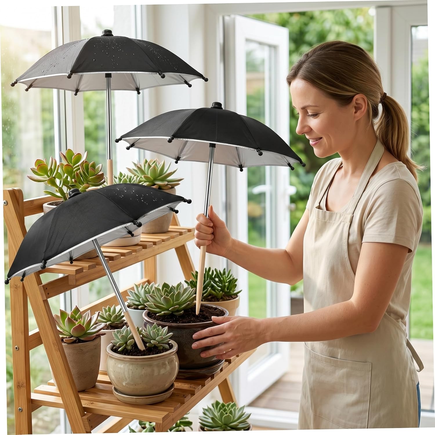 5PCS Plant Umbrella, Plant Shade Umbrella for Outdoor Plants, Thick Silver-Coated Fabric with Wooden Stake, Black. image 4