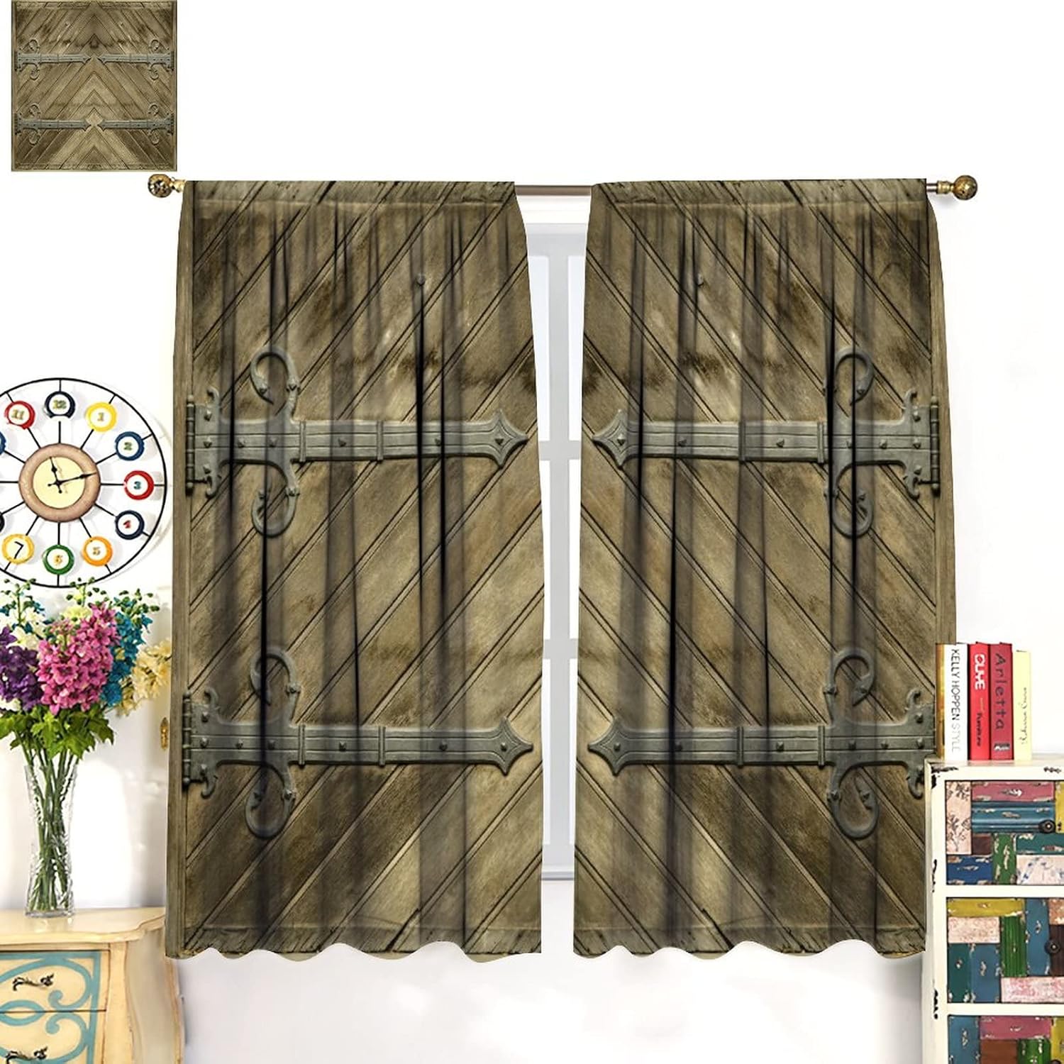 Retro Rural Wooden Door Curtain Rod Pocket Curtain Wooden Barn Door Rural Farmhouse Retro Metal Boy Bedroom Living Room Decoration Curtain W63 * L63 Inch