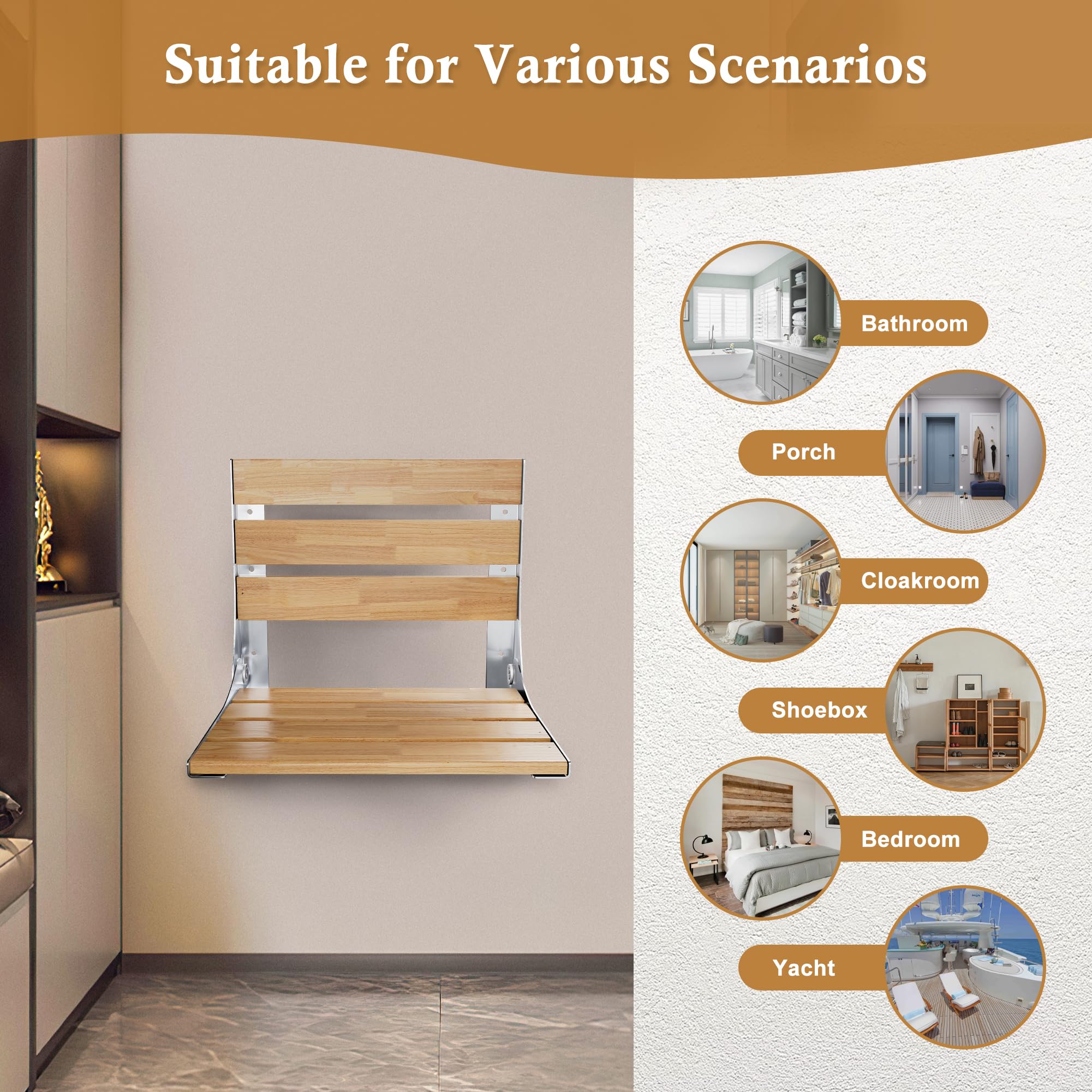 18" Wall Mount Fold Down Teak Shower Bench With Slot Openings - View #3