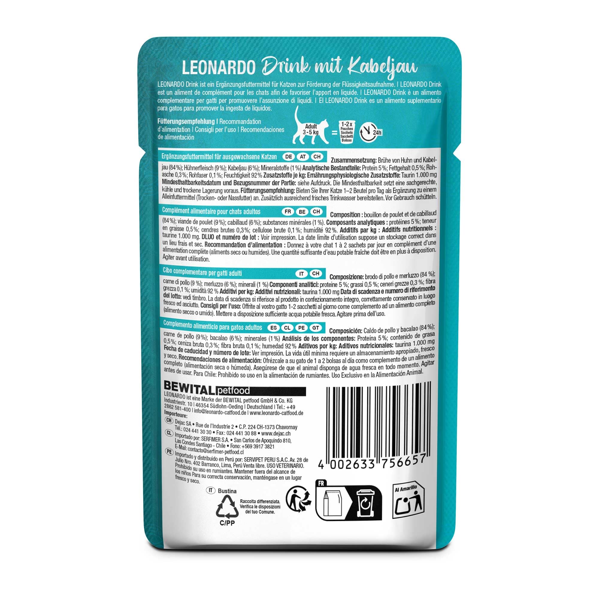 Leonardo Drink Merluzzo Atlantico | Confezione Doppia | 2 x 20 x 40 g | Alimento Complementare per Gatti Adulti | Supporto per l'Assunzione di Liquidi | Ideale come Topping per Cibo