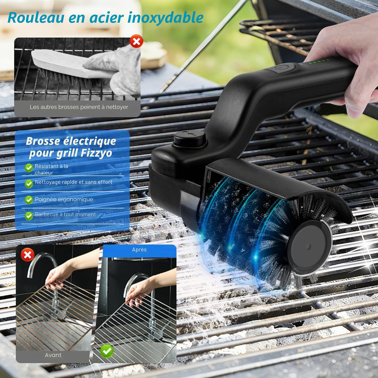 Brosse Électrique pour Barbecue, Brosse de Nettoyage de Gril sans Fil avec 3 Vitesses et 2 Brosse, 180° Réglable, Rechargeable Nettoyeur de BBQ en Acier Inoxydable pour Grilles de Barbecue