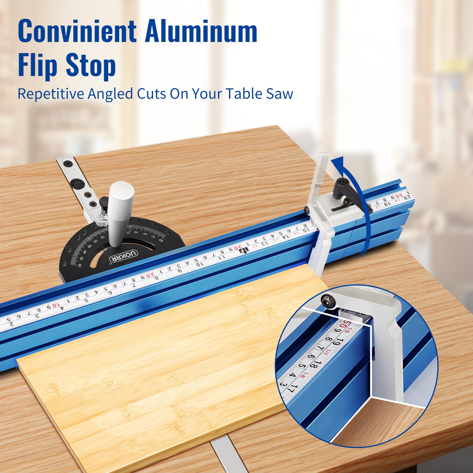 UOKRR Miter Gauge for Table Saw w/ 20 Inch-36 Inch Telescoping Aluminum Miter Fence & Bar/Precision Repetitive Cut Flip Stop / 60° Angled Ends for Max Stock Support/Spring Loaded Indexing Pin