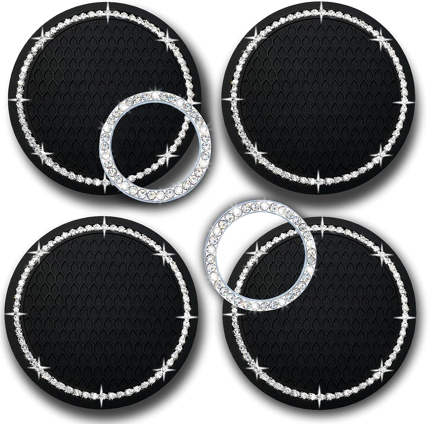 Bling Car Coasters for Cup Holders, 2.75Inch Universal Durable Anti Slip Silicone Rhinestone Insert Coaster for Drinks, Girly Glitter Cute Car Interior Accessories for Women (4PCS)