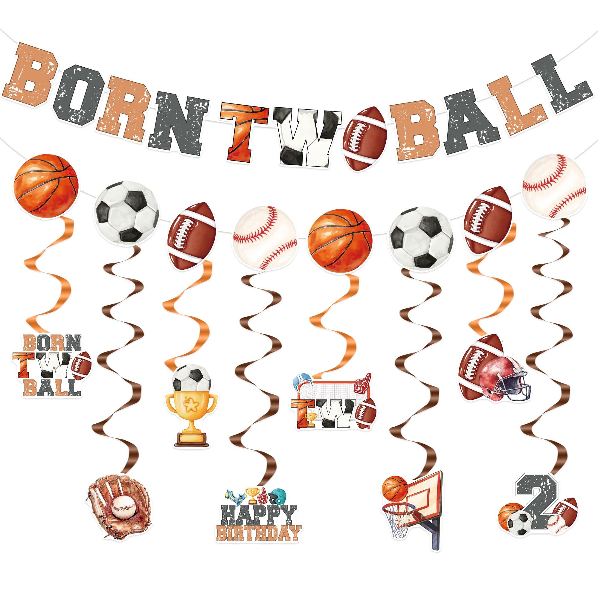 Photo 1 of 10 Pcs Born 2 Ball Birthday Decorations, Born Two Ball Banner with Hanging Swirls, Sports Theme 2nd Birthday Party Supplies