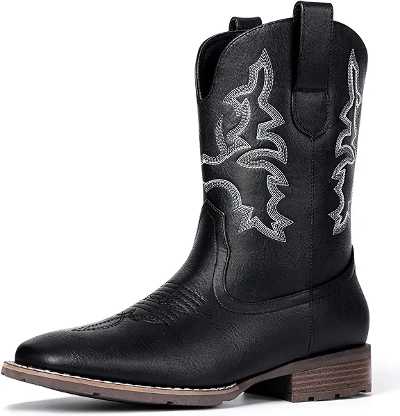 Suokdil Cowboy Boots for Men - Men's Western Boots with Embroidery, Slip Resistant Square Toe Chunky Heel, Durable and Fashionable Retro Classic Footwear for Spring and Fall