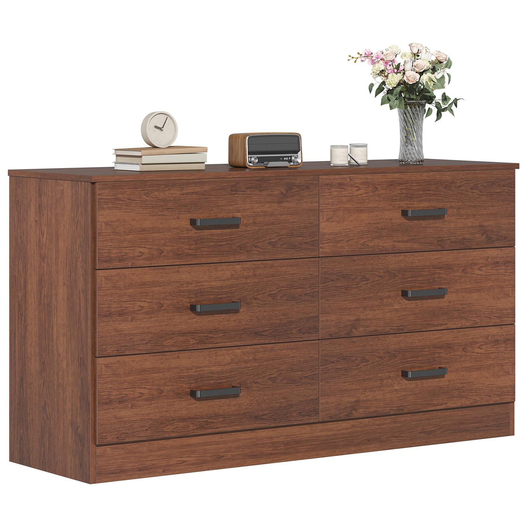 Bigbiglife Wood Dresser for Bedroom, 6 Drawer Double Dresser, Mid Century Modern Chest of Drawers with Deep Drawers, Large Storage Organizer for Living Room, Closet(Walnut Brown)
