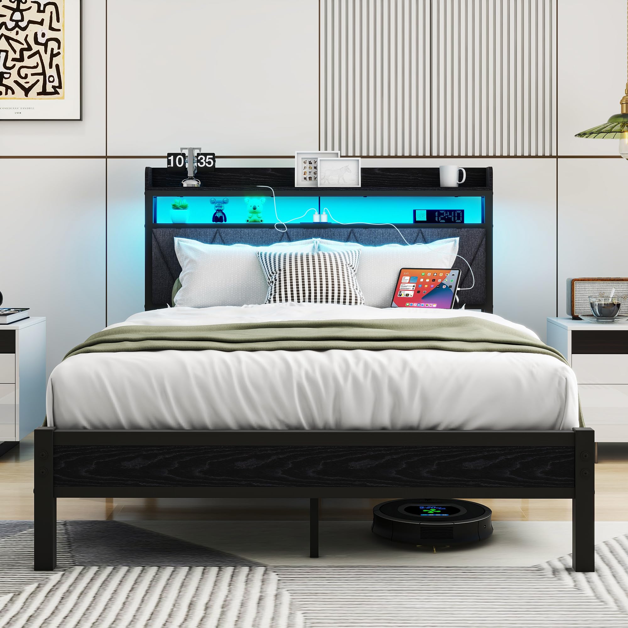 Estructura de cama tapizada de 120 x 200 cm, marco de cama doble con LED y estación de carga, marco de cama con espacio de almacenamiento, cama juvenil, cama de invitados con cabecero