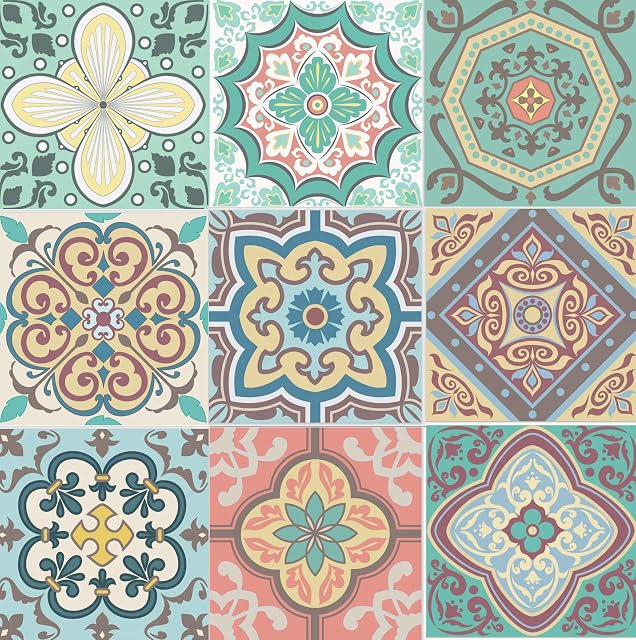 Self Adhesive Wall Tiles Stickers-18 PCS Moroccan Mosaic Style Kitchen Wall Art Decor Traditional Vintage Design- Bathroom backsplash Kitchen splashbacks Peel and Stick Transfer Covers(Modern 4 inch)