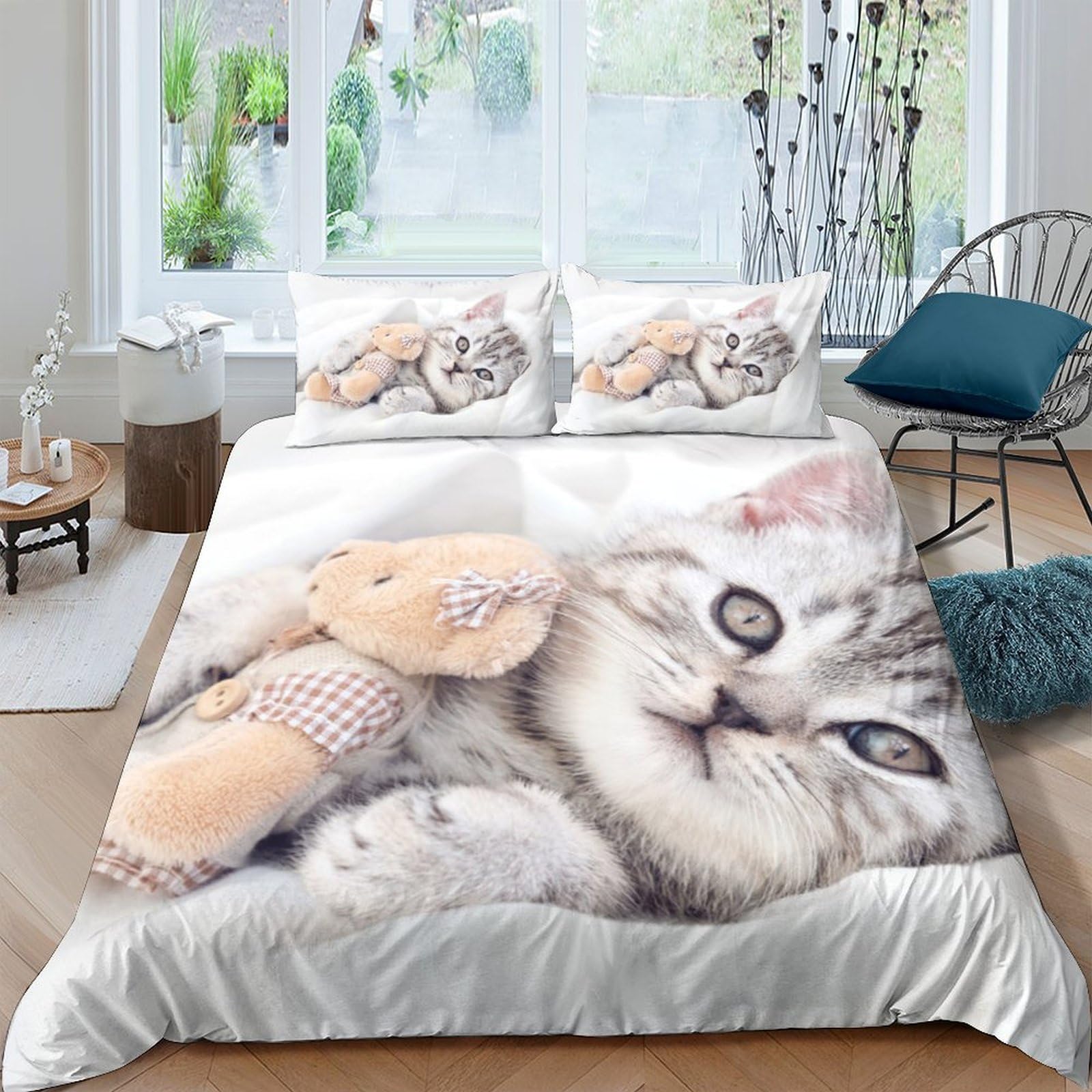 GPLZQXKJNH 3D Printed Cat Teddy Duvet Cover Set Microfiber Soft Breathable Bedroom Decor Bedding Set with 2 Pillowcases Single（135x200cm）