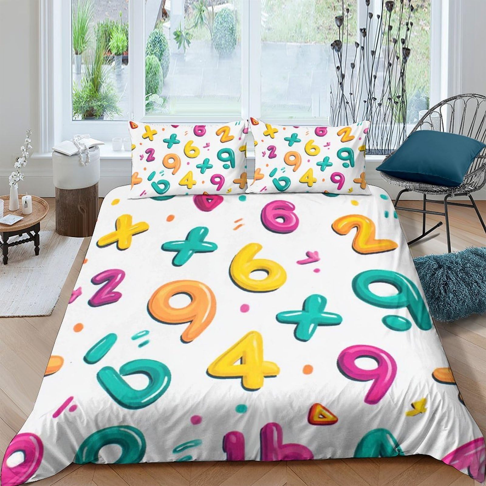 GPLZQXKJNH 3D Printed Colourful Numbers Duvet Cover Microfiber Soft Breathable Math Symbols Bedding Set with 2 Pillowcases for Bedroom Decor Single（135x200cm）