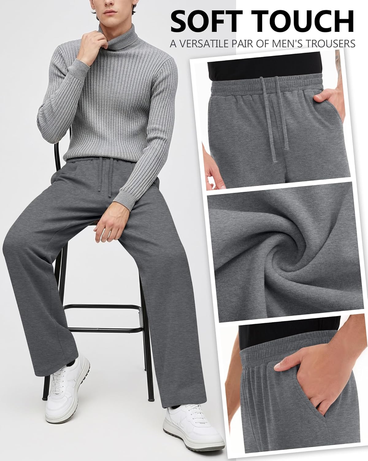 3 Pack Men's Sweatpants Fleece Open Bottom Athletic Lounge Pants Baggy Casual Drawstring Gym Joggers with Pockets - Image 3
