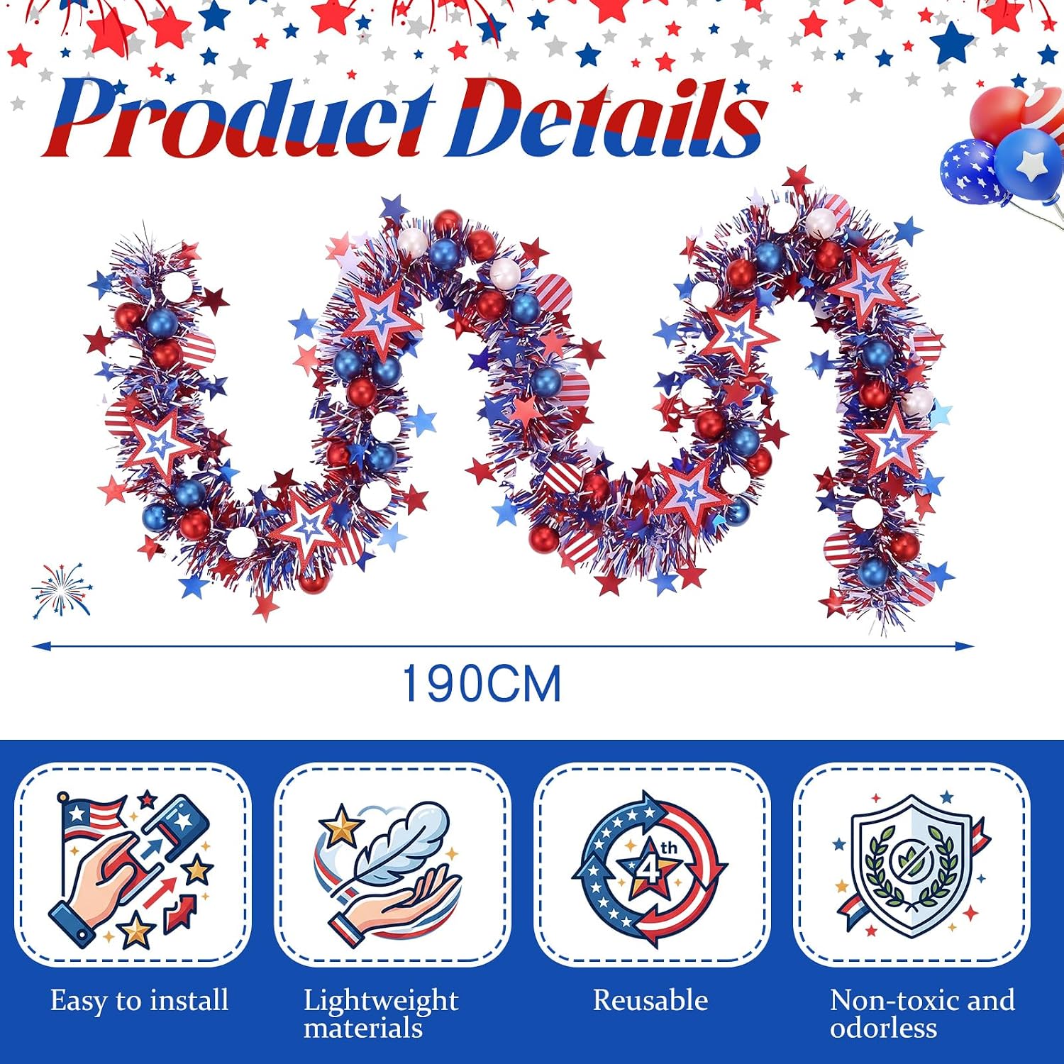 75" 4th of July Garland Decorations Patriotic Glitter Tinsel Garland Red White and Blue Garlands Star Ball Metallic Tinsel Twist Garlands for 250th Anniversary Independence Day Party Supplies