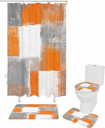 Juego de 4 cortinas de ducha de graffiti abstracto, naranja quemado y gris, juego de baño moderno con alfombras antideslizantes, alfombra de