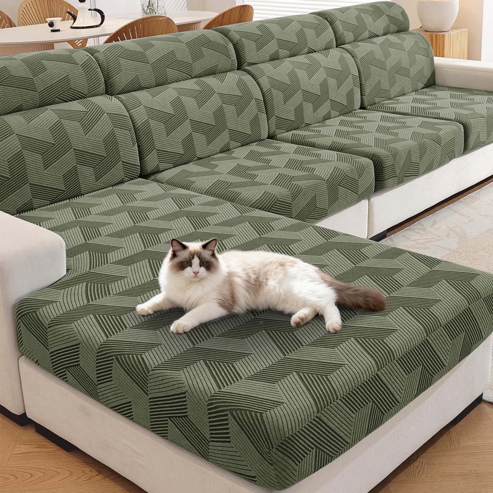 XINEAGE Sofa Seat Cushion Cover, Geometrical Jacquard Couch Cushion Slipcovers Stretch, Replacement for Individual Cushion with Elastic Bottom & Non-Slip Strap (1 Seater, Army Green)
