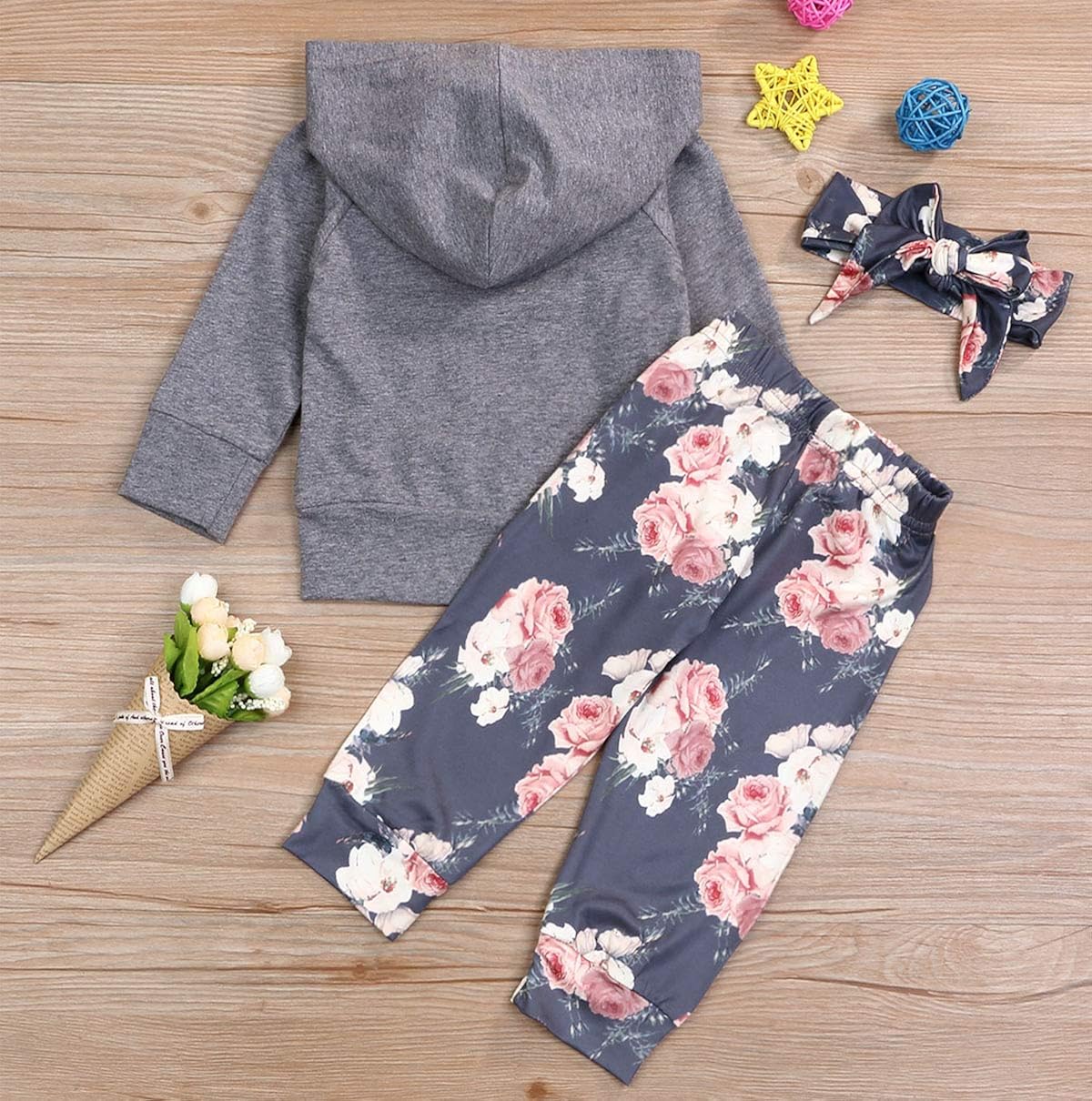 Vista 7 de YOUNGER TREE Ropa de bebé niña con capucha de manga larga con pantalones florales con diadema conjuntos de 3 piezas