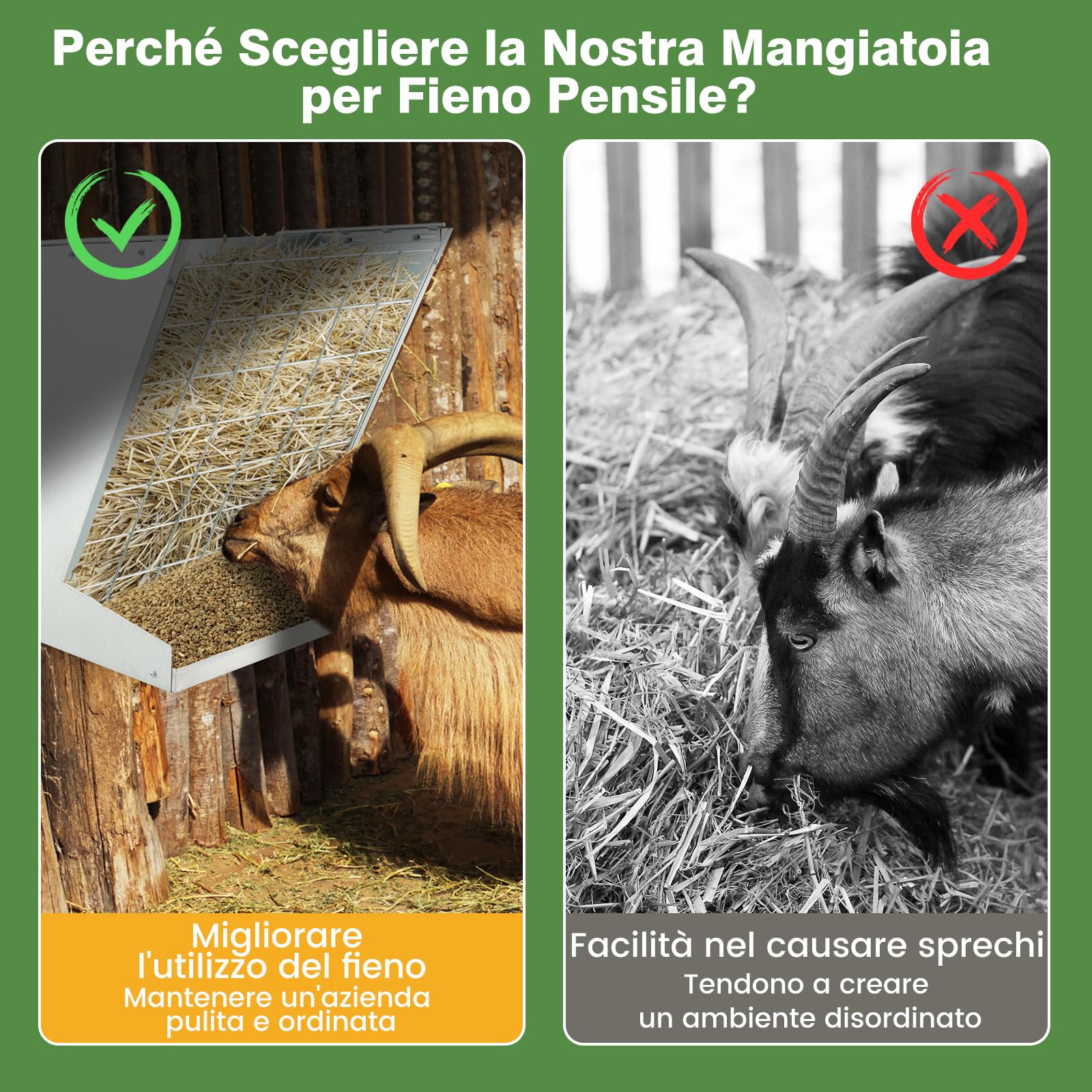 COSTWAY Mangime per Fieno a Parete 83L, Mangiatoia 2-in-1 per Fieno e Cereali in Metallo Zincato con Distanza Regolabile, Rete a Maglia e Vassoio,Mangiatoia per Cavalli, Pecore, Mucche e Maiali