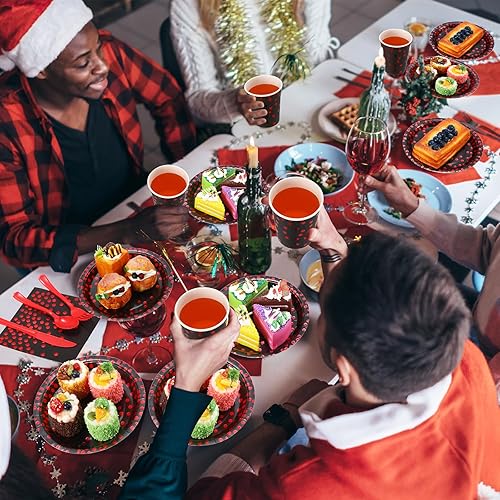 Miniatura 6 de 560 piezas de suministros de fiesta en negro y rojo para 80 invitados, juego de vajilla desechable, platos de papel negro y rojo, servilletas,