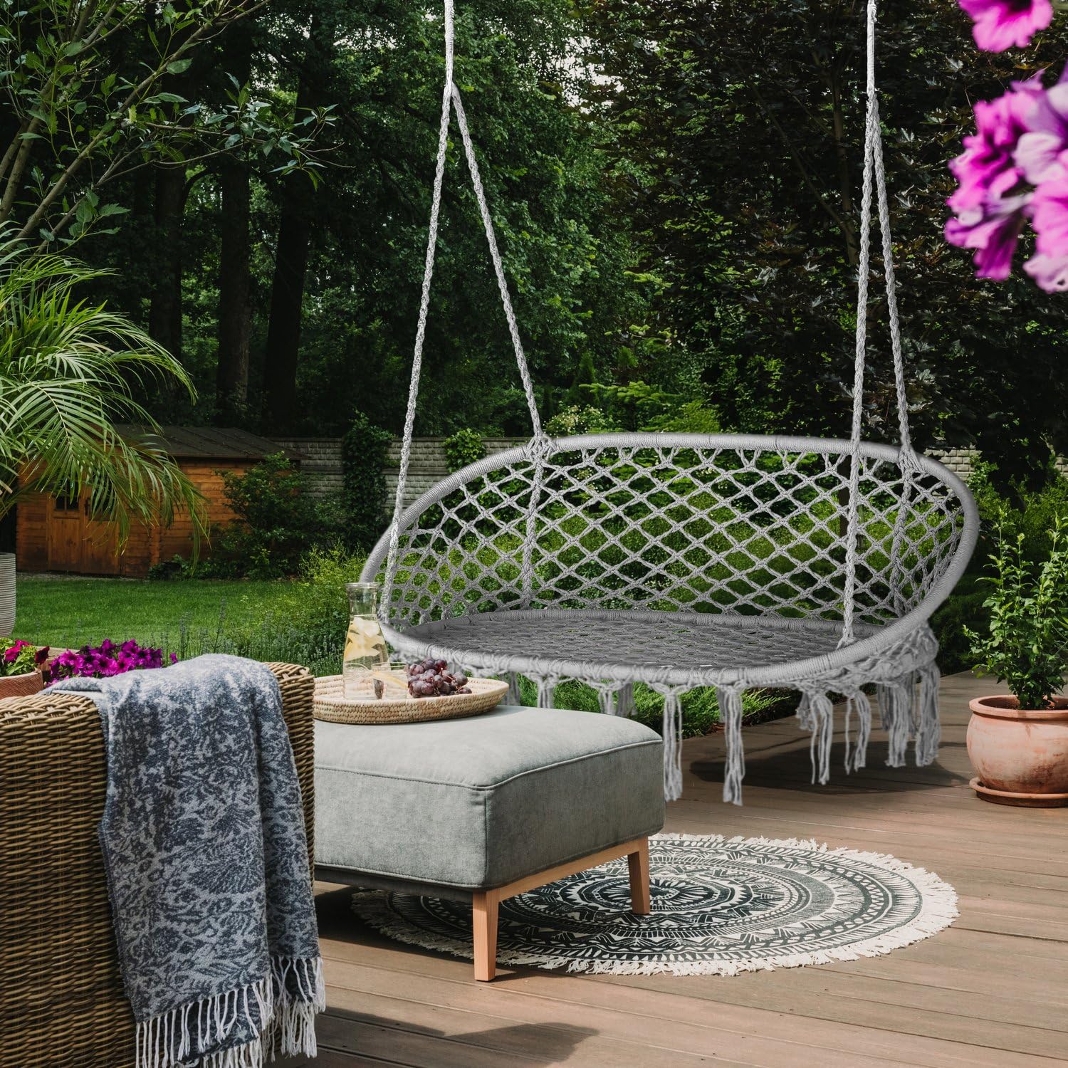 Fauteuil Suspendu 2 Personnes XXL, Double Chaise Suspendue Exterieur de jusqu'à 200 kg, Boho Chaise Hamac Suspendu Interieur, Fauteuil Balancoire Bohème, Ideal pour Jardin, Gris