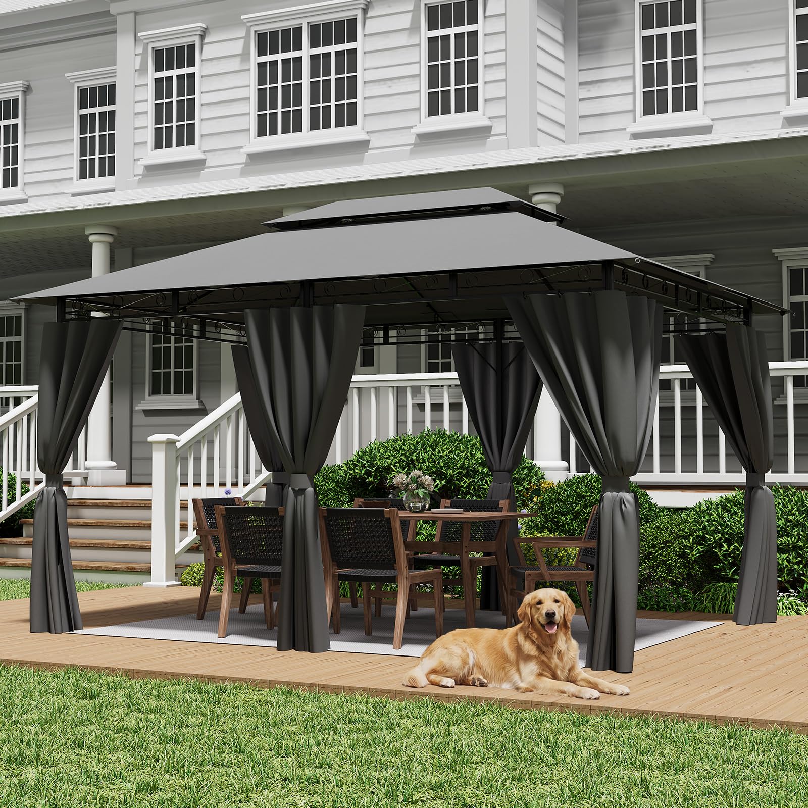 JUMMICO Gazebo 3x4 Impermeabile, Struttura in Metallo Robusta e Durevole, Tetto Doppio Strato Lusso Resistente a Vento, Pioggia e Raggi UV per Feste e Ricevimenti da 4 a 8 Persone