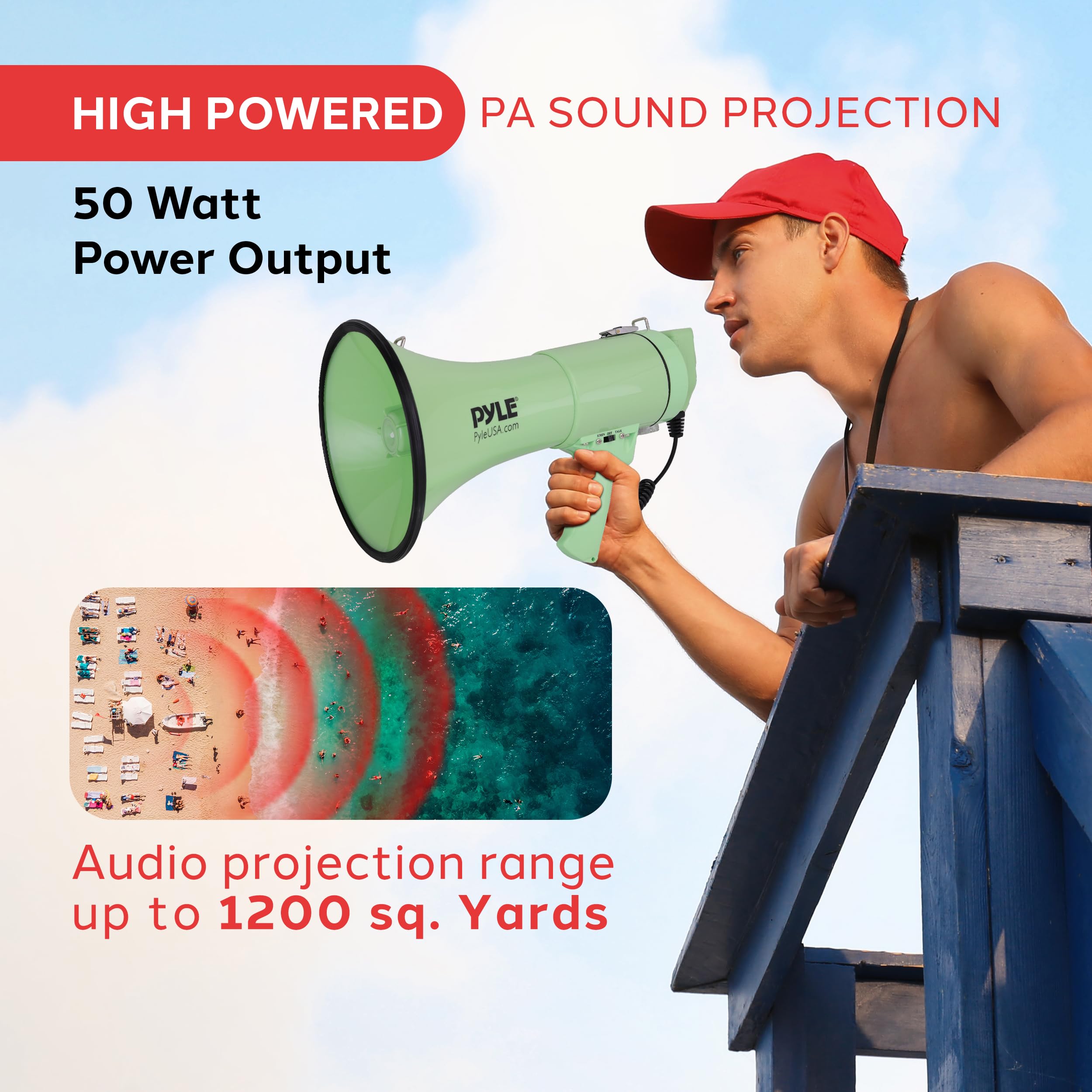 Pyle Megafon Bullhorn 50 W – przenośny, automatyczna syrena i regulowana głośność, zasięg projekcji do 1200 jardów kwadratowych, wejście Aux, rozmowa, syrena, muzyka, gwizdek i nagrywanie, pasek na