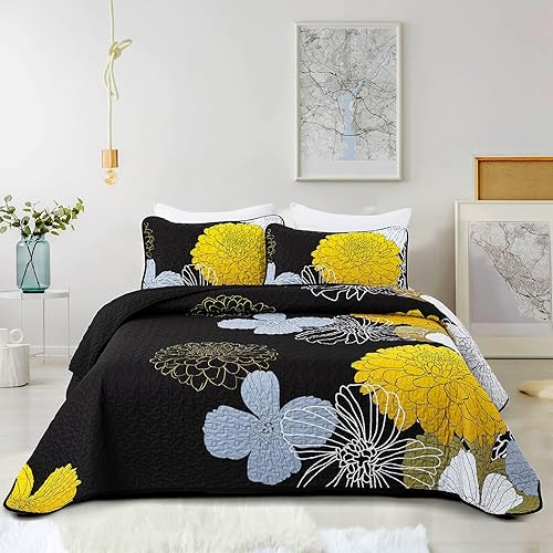 Miniatura 1 de Juego de edredón floral amarillo tamaño California King, colcha ligera de 3 piezas color negro Cal King con 2 fundas de almohada, juego de edredón