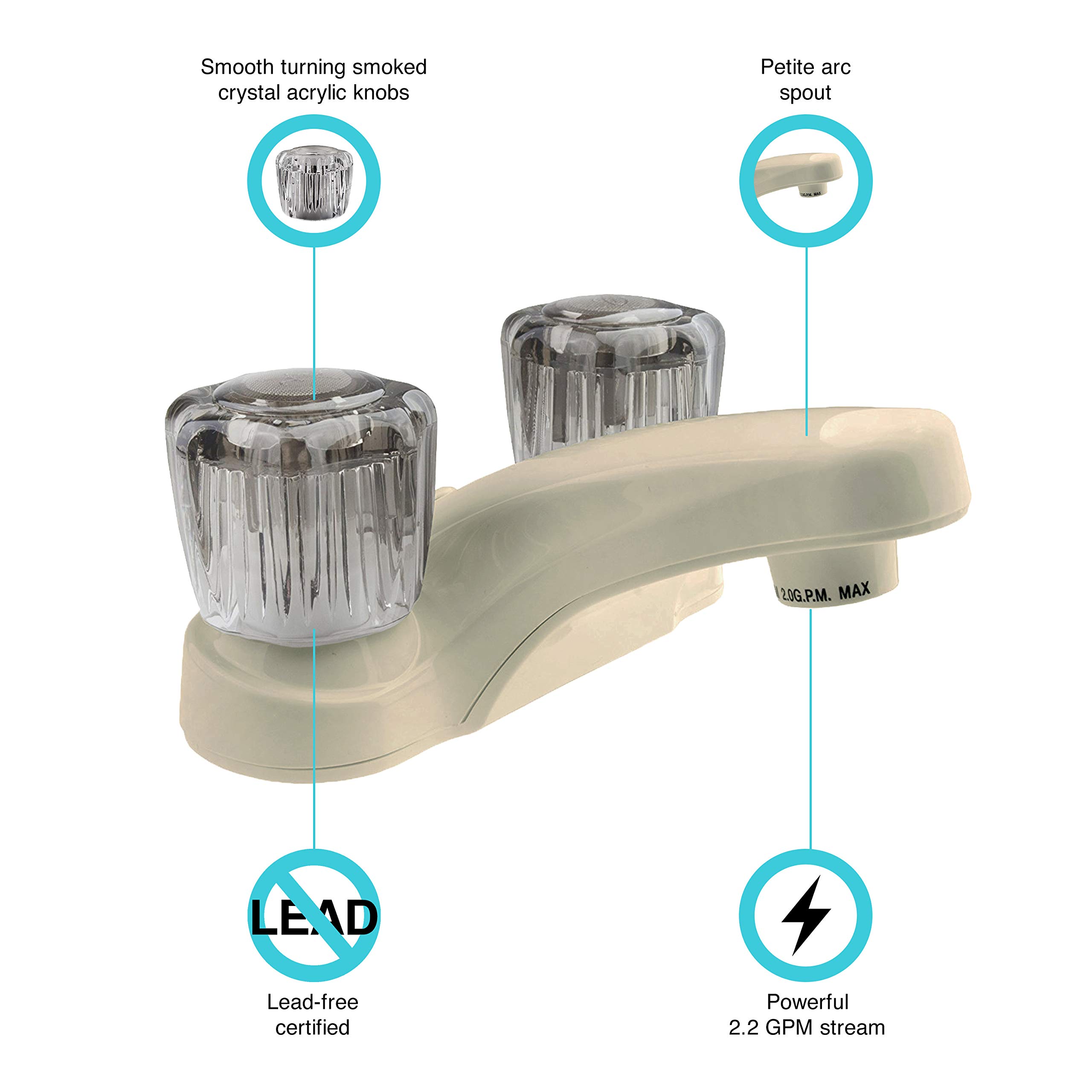 Grifo de baño para casa rodante Dura Faucet DF-PL700S-BQ con perillas de acrílico ahumado (pergamino bizcocho)