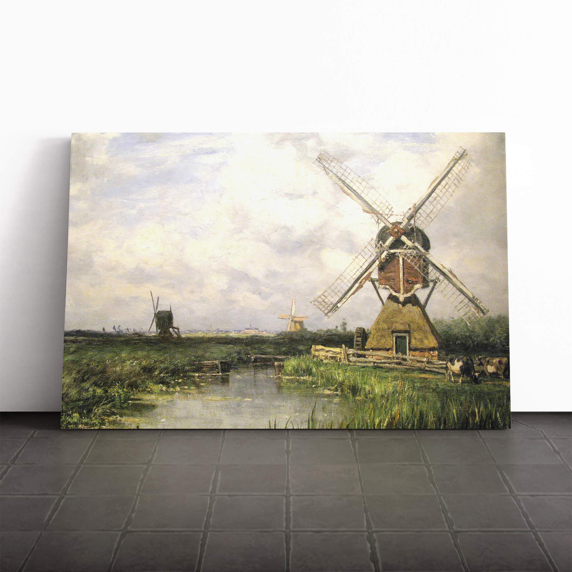 Willem Roelofs Windmills Canvas Print | Gallery Wrapped 30mm Frame Wall Art | 24x16 inches | Ready to Hang | Modern Picture | Living Room Bedroom Lounge Office