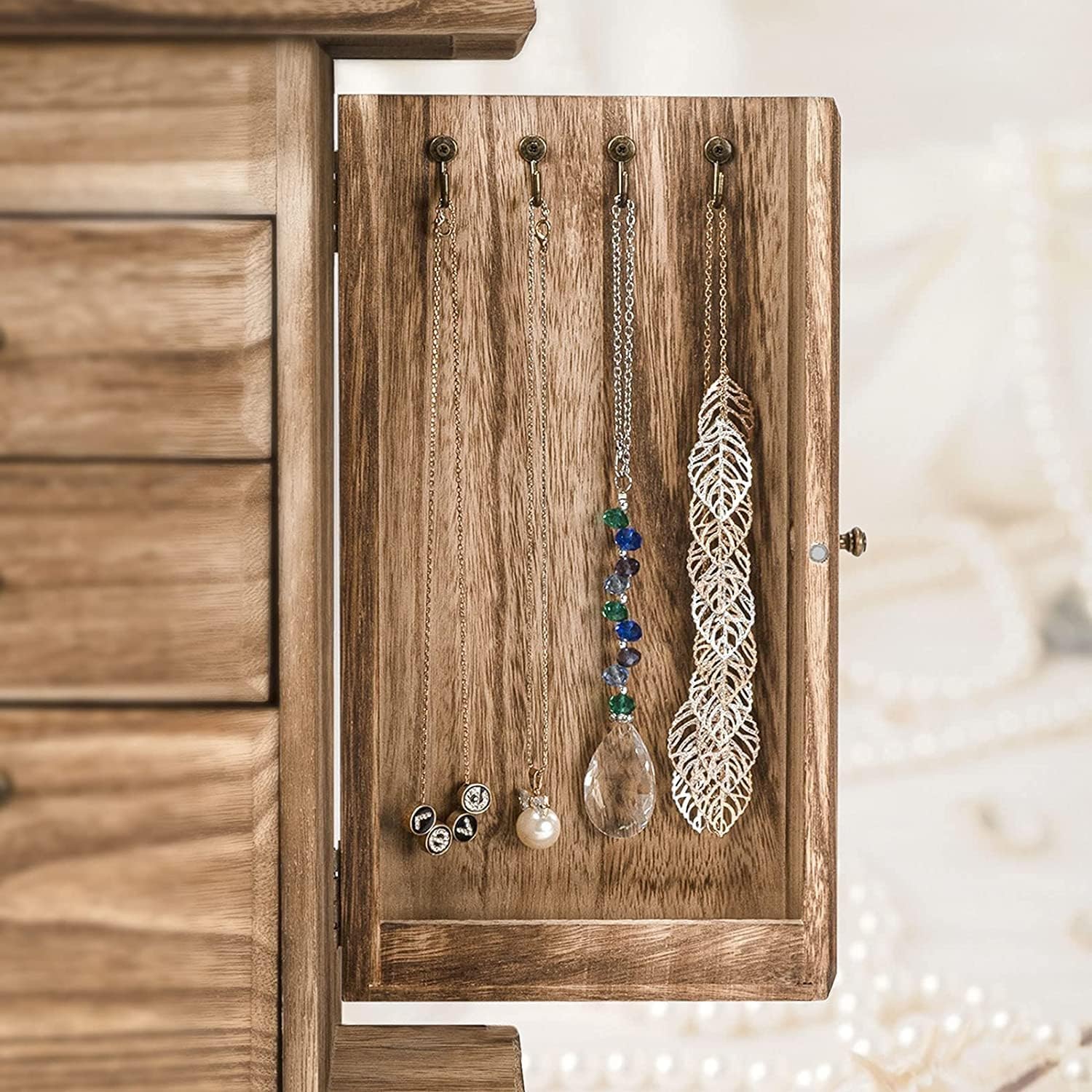 Schmuckkästchen für Damen, groß, rustikal, Schmuckkästchen, Holz, mit Spiegel, Aufbewahrungsbox für Schmuck, 4 Schichten, für Halsketten, Ohrringe, Ringe, Armbänder