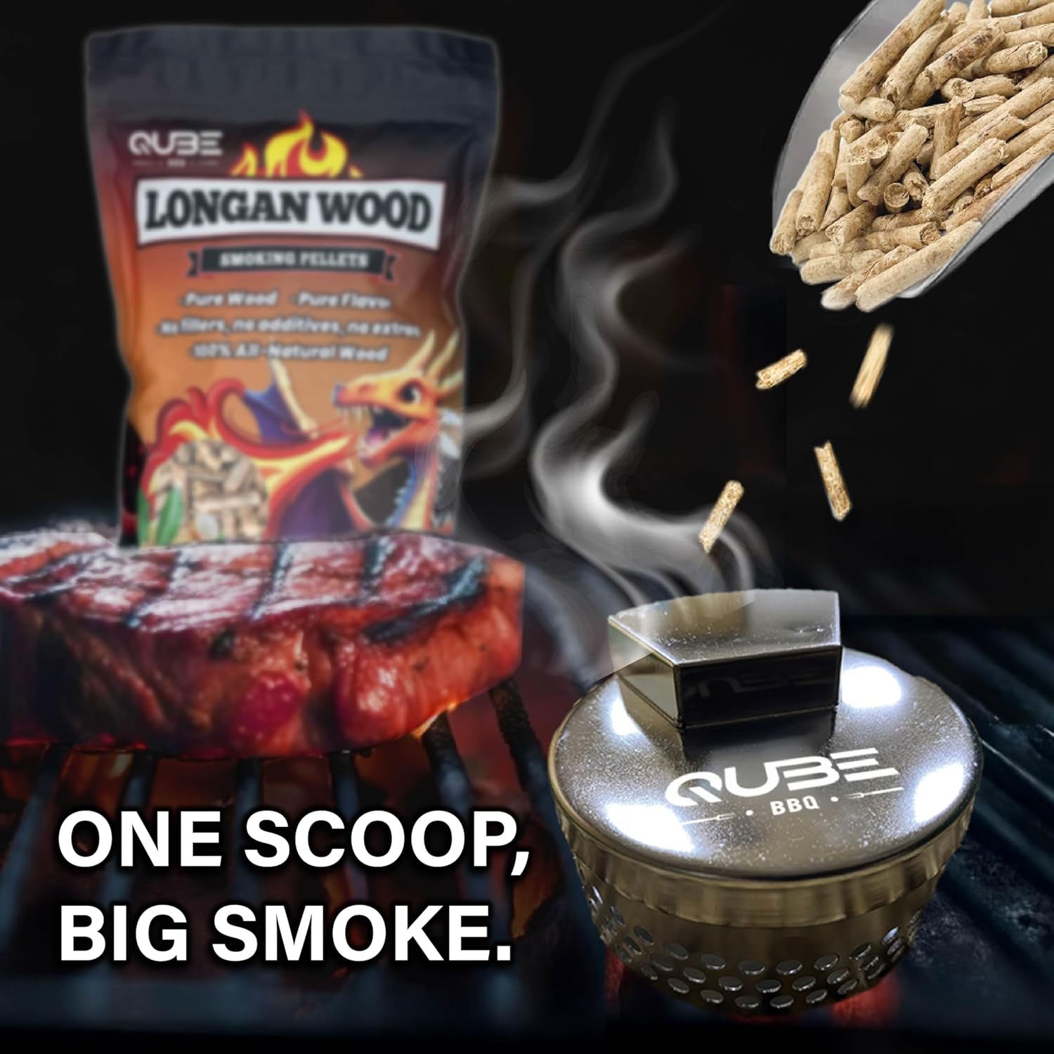 Smoker Box & Taiwanese Longan Wood Smoking Pellets | Compact 304 Stainless Steel Smoke Box + Rare Fruitwood Pellets | Tropical Smoke Flavor for Gas, Charcoal & Pellet Grills