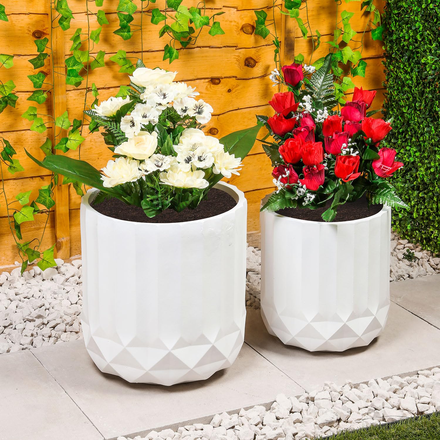 Taylor & Brown Set of 2 Large Handmade Round Plant Pots 31/26cm MgO Modern Flower Planter Pot Garden Decoration Indoor/Outdoor Planters with Geometric Texture Design and Drainage Holes (White Flute)