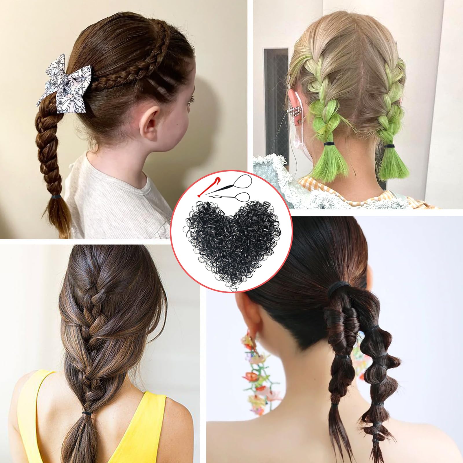 sularpek 1000 Piezas Gomas Pelo, Gomas pelo Pequeñas, Mini Gomitas Pelo, Gomas de Pelo Niña, Gomas Elasticas Pelo, con 1 Removedor de Bandas Para el Cabello y 2 Uds Trenzador, para Niñas y Bebés