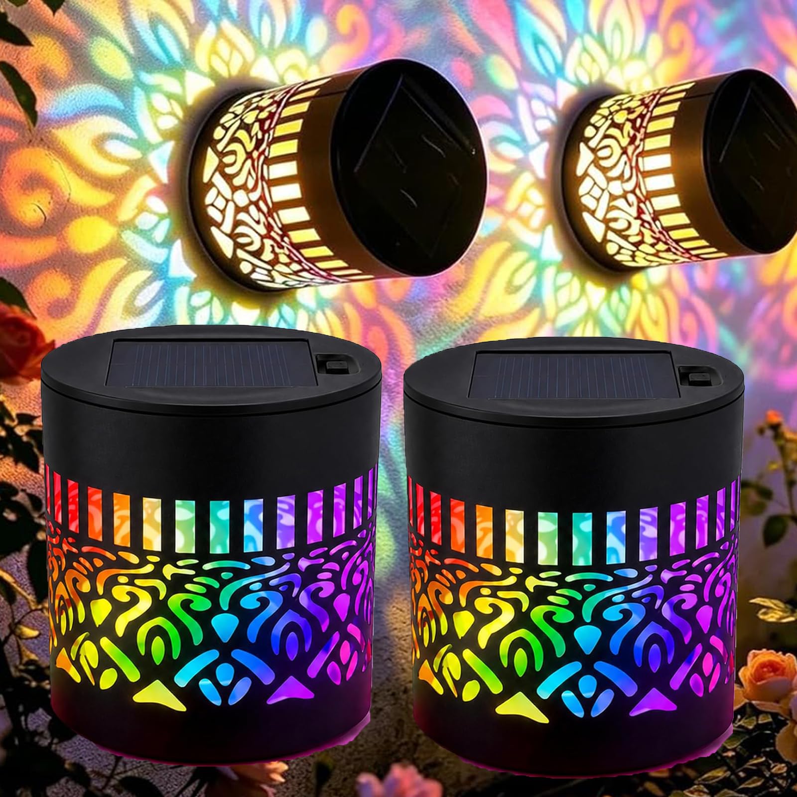 Seven-Color Changing Solar Mandala Projection Wall Light, Solar Mandala Wall Lights for Yard Garden Post Patio Backyard Decor (A01,2PCS)