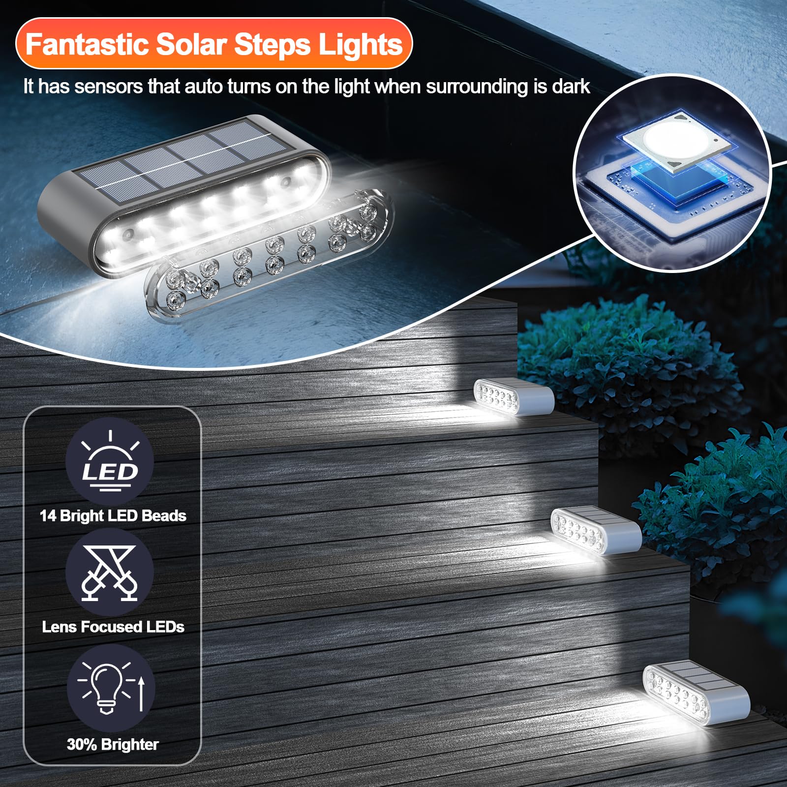 Lot de 6 lampes solaires d'extérieur étanches IP67 14 LED blanc froid pour escaliers, terrasses, patios