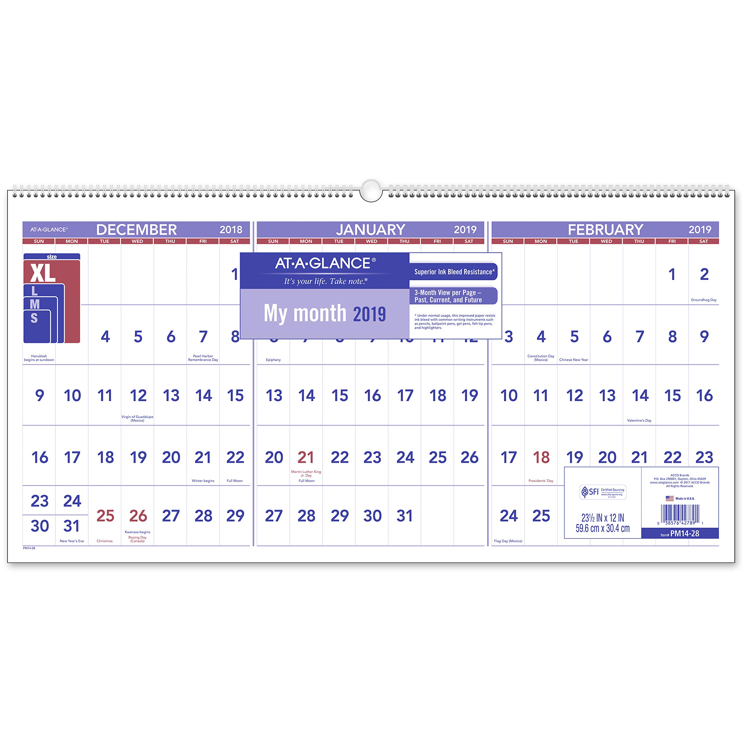 AT-A-GLANCE 3-miesięczny referencyjny kalendarz ścienny, grudzień 2018 - luty 2020, 23-1/5.1 cm x 30.5 cm, poziomy, Wirebound (PM1428)