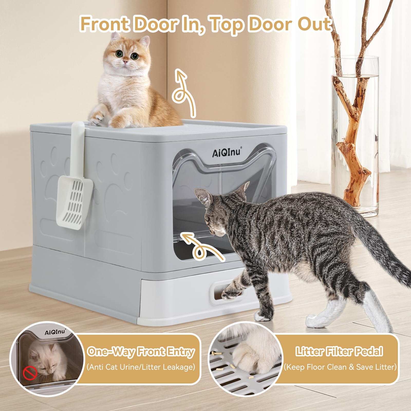 AiQInu Caja de arena plegable de acero inoxidable con tapa para gatos de hasta 20 libras | Caja de arena grande de metal cerrada con lados altos, antifugas y control de olores, fácil de limpiar