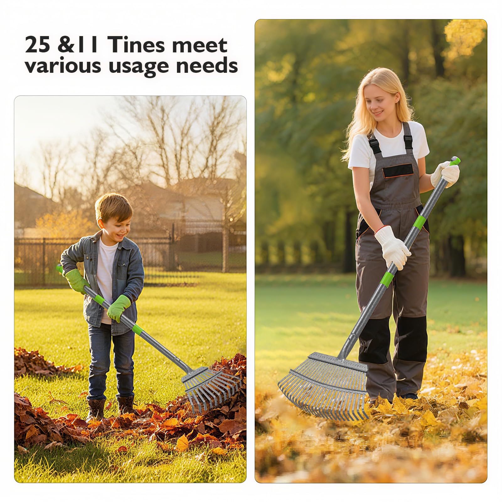 GARDENWORK Rechen für Blätter, 11 Zähne und 18 Zähne, Kombinationsrechen für Rasen, 185,4 cm, verstellbarer Stahlgriff, Metall-Laubbesen zum Pflücken von Blättern, Hof, Damen, Kinder, Reinigung von