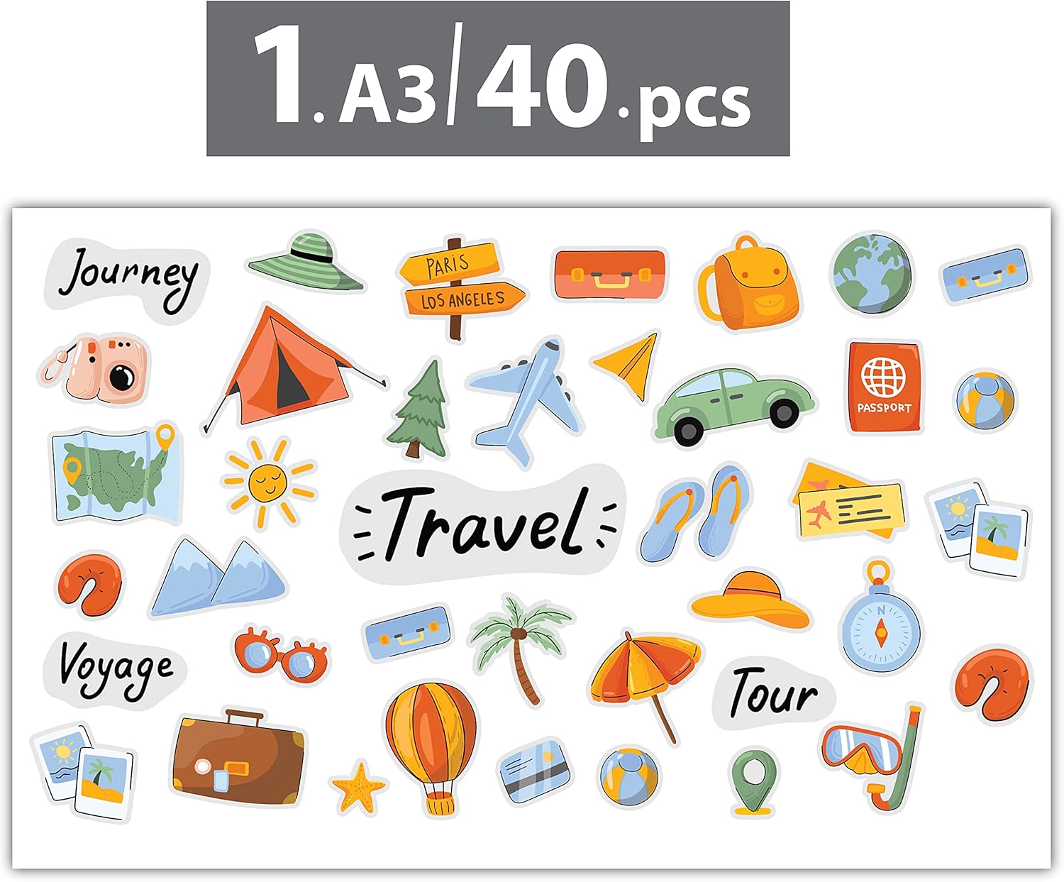woopme 40 PCs Travel Kit Decorative Scrapbook Stickers for Notebooks ,Diary, Journal ,Laptop Multicolored Printed Label