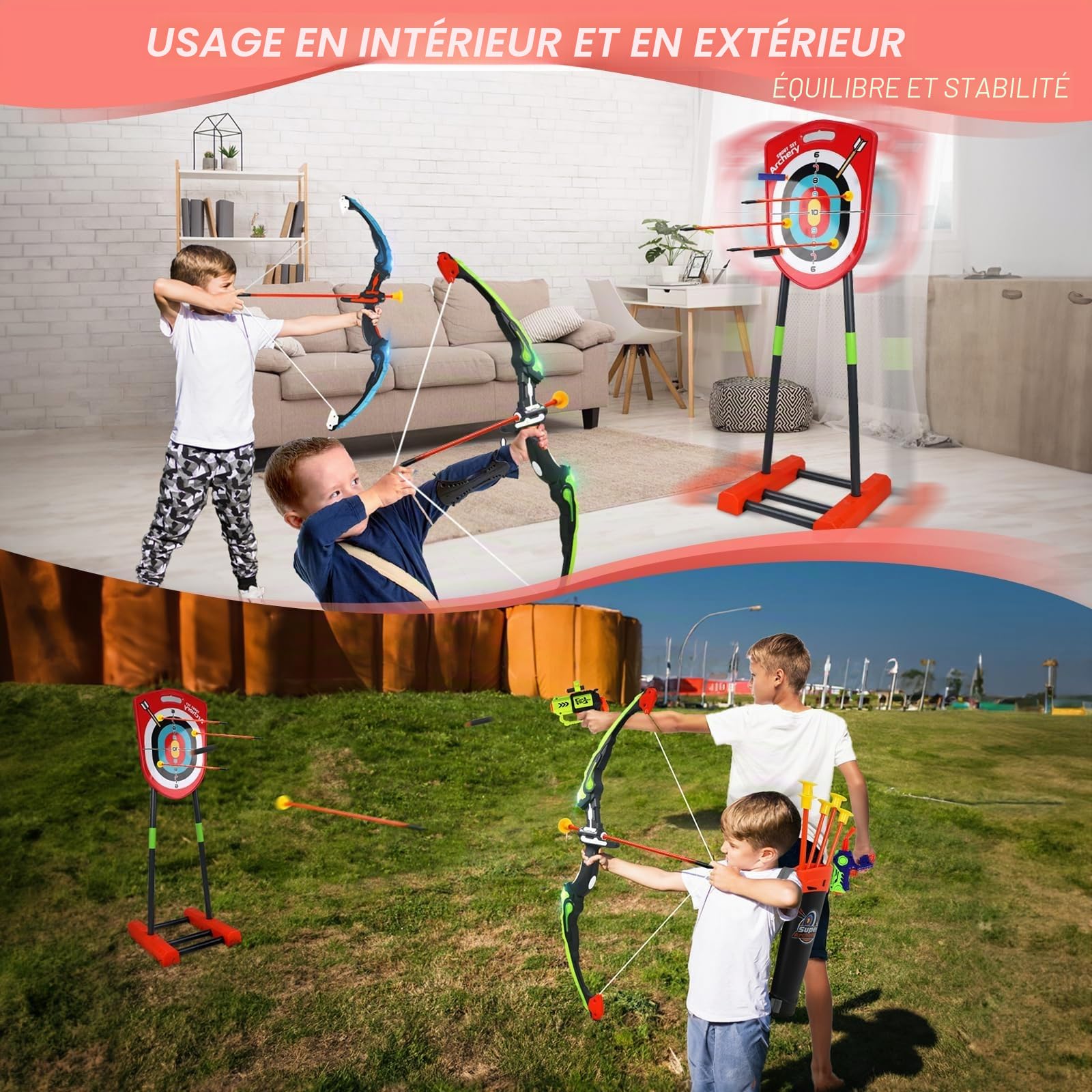 Arc et flèche pour Enfants avec Lumières LED, Ensemble de tir à l'arc Comprenant avec 2 Arcs, 1 Cible Debout, 20 Flèches, 2 Pistolets à Flèches en Mousse et 2 Carquois, Jouets pour 4-12 Garçon Fille