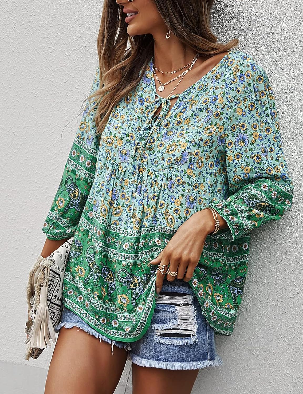 KAYWIDE Women's Casual Boho V Neck Top Loose Floral Printed Long Sleeve Beach Shirts Blouses - Image 3