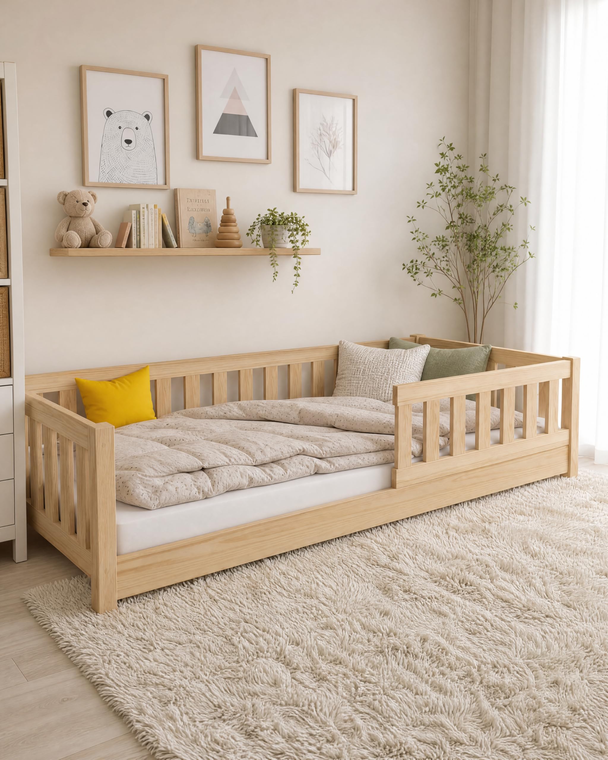 EcoBeds LULU Plus Bodenbett 90x200 cm Kiefer Massivholz bis 150 kg | Natur Lackiert - mit Rausfallschutz und 18 cm Füßen, für Kinder, stabil, robust, einfache Montage