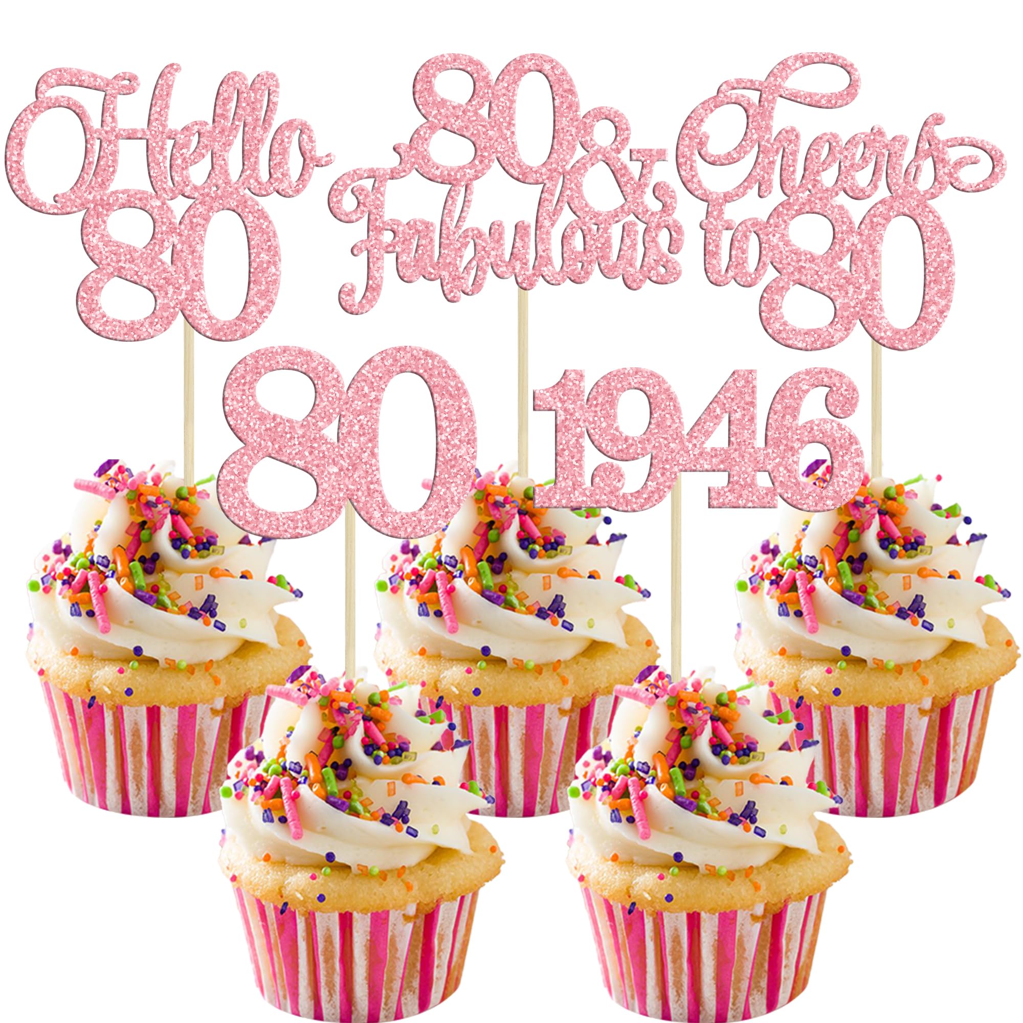 Gyufise 30Pcs 80th Birthday Cupcake Toppers 80 Fabulous Cupcake Picks Cheers to 80 1946 Cake Decorations for Happy 80th Birthday Wedding Anniversary Party Decoration Supplies Pink