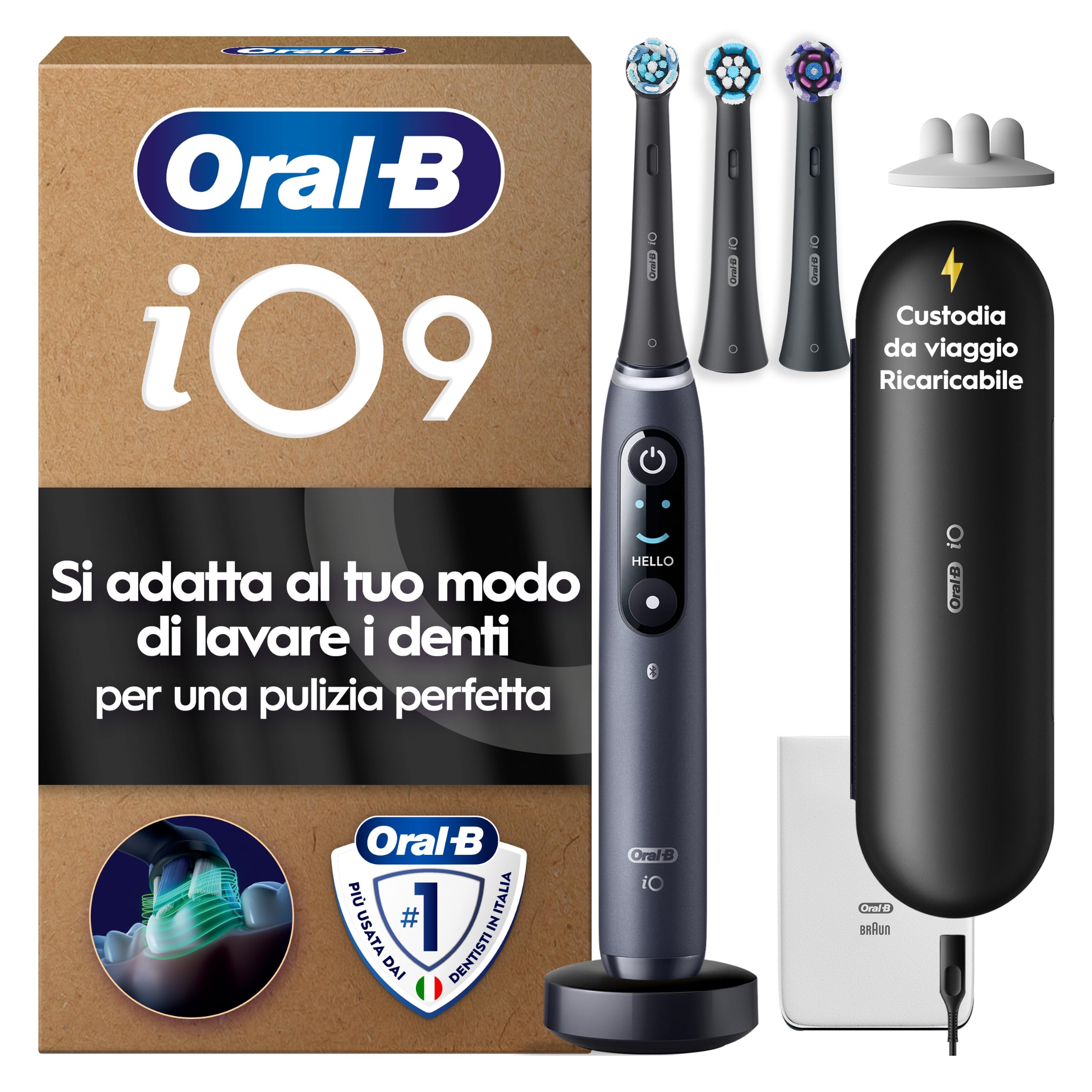 Oral-B iO 9 Spazzolino Elettrico, con 3 Testine di Ricambio, Custodia, Nero