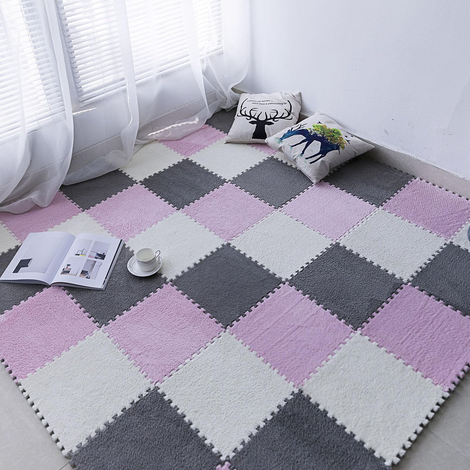 Splice Interlocking Carpet 9 Pezzi Tappetino Puzzle in Schiuma di Peluche, Tappetino interbloccante, Tappeto Quadrato di Peluche, Tappetino interbloccante Antiscivolo, Ta,White+Gray+Purple