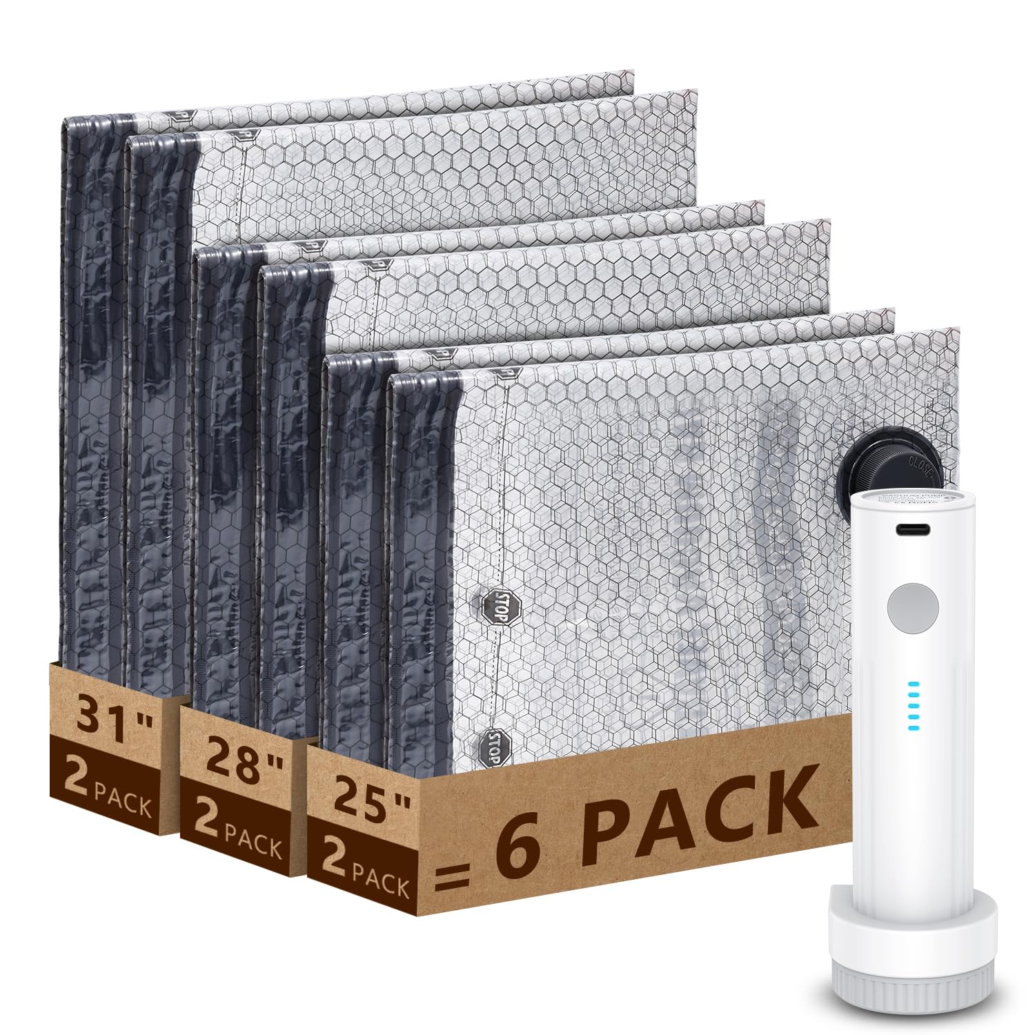 Vakuumbeutel für Kleidung Reisen, elektrische Reise-Vakuumbeutel mit Pumpe, wiederverwendbare platzsparende Beutel, Kompressions-Verpackungsbeutel für Kleidung, Bettwäsche, Kissen, Decken, 6