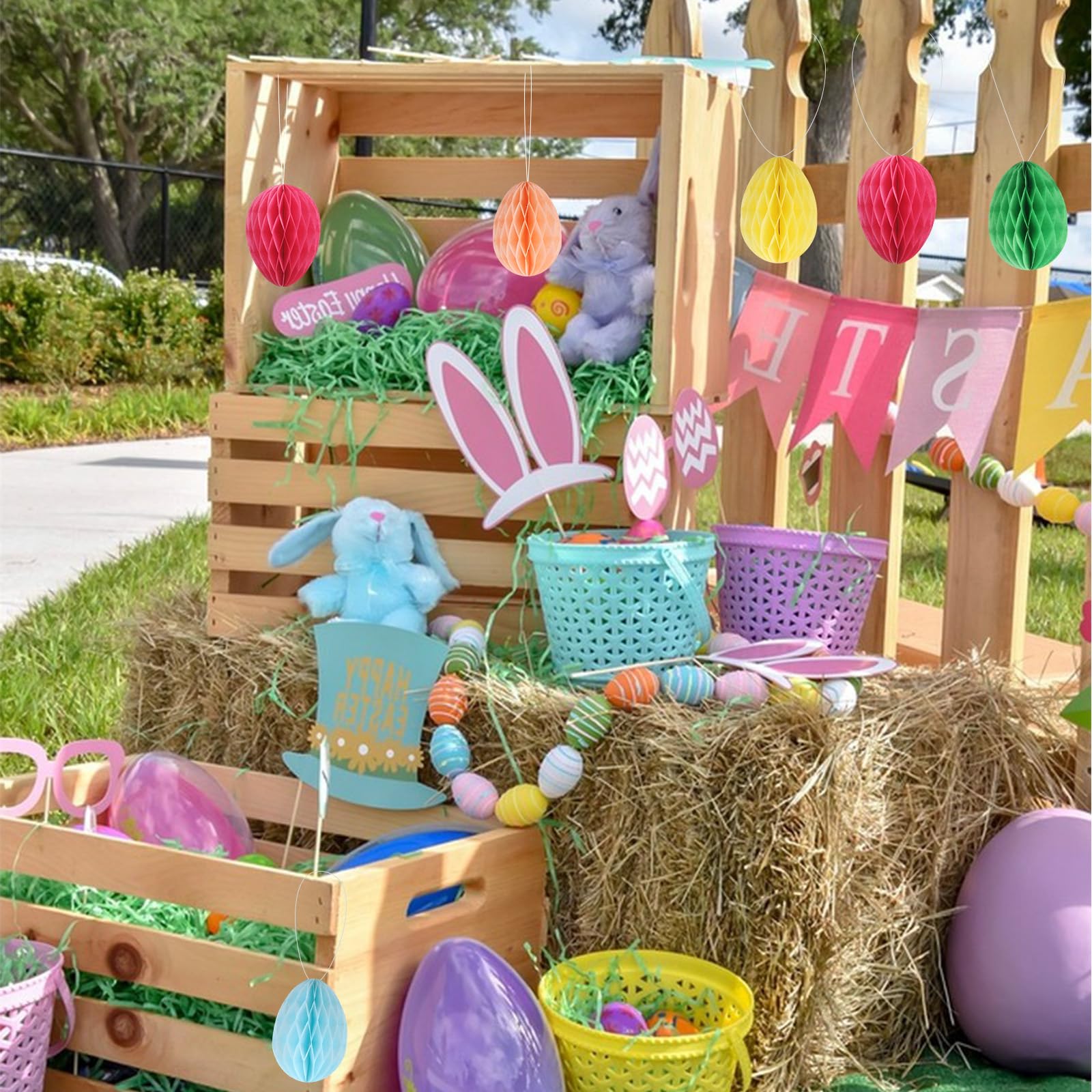 Décoration Pâques à Suspendre 11 Pièces - Oeufs Nid D'Abeille Et Lapins 7 Couleurs